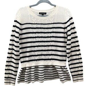 Banana Republic Wool Cashmere Sweater Womens M Ivory Black Striped Cable Peplum